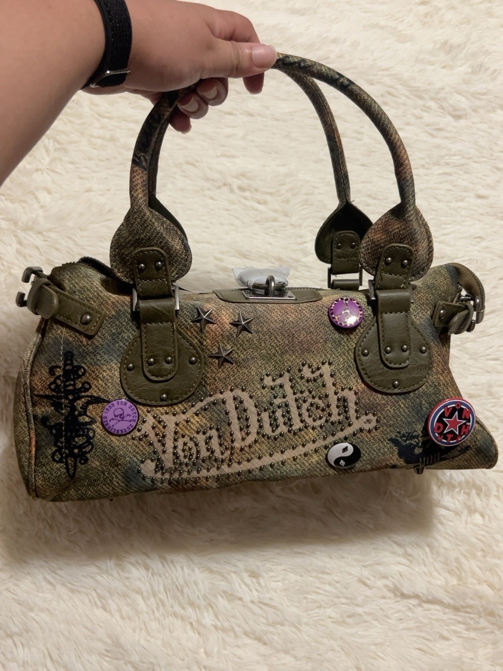 Von Dutch Olive Green Studded barrel satchel bag NWT pin purse